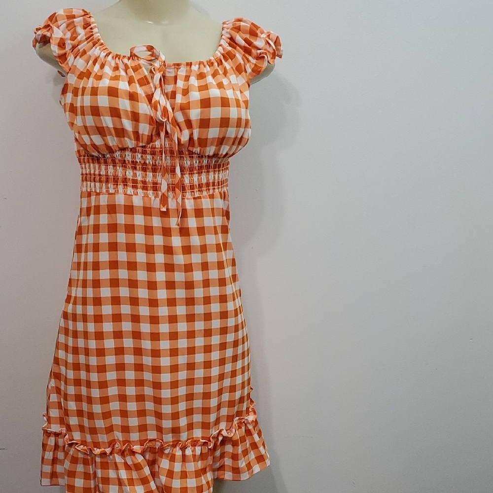 Vibrant Orange Checkered Mini Dress